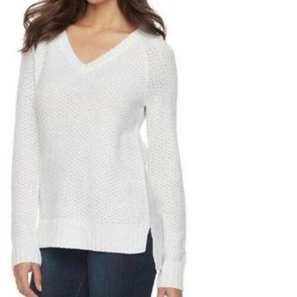 Womens Sweater SO White X-Small V-Neck Long Sleeve Raglan High Low Hem Metallic - Picture 1 of 3